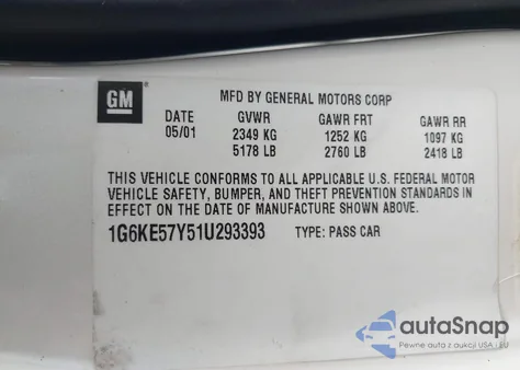 2001 Cadillac Deville Dhs z USA, uszkodzony, nr VIN 1G6KE57Y51U293393